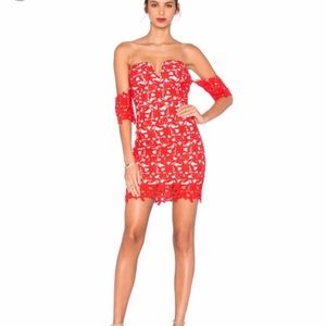 J.O.A Red Lace Off The Shoulder Sweetheart Neckline Form Fitting Dress XS